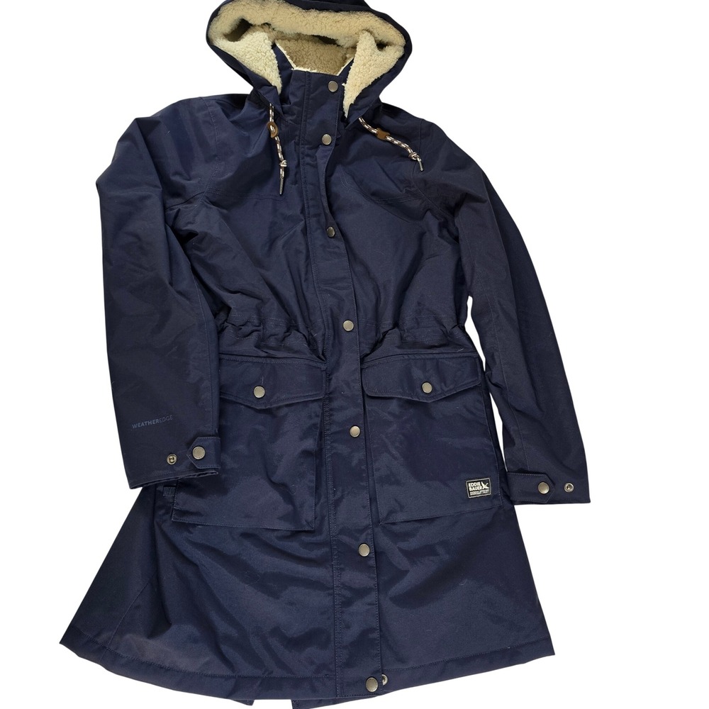 Eddie Bauer Womens WeatherEdge Navy Blue Sherpa Lined Parka Jacket M D3456754